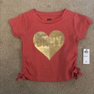 DKNY Gold and Red Short Sleeve Tee with Heart Design